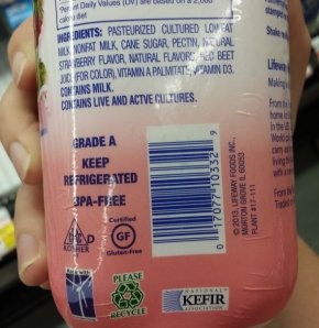 This kefir is gluten free and kosher, its made by a company that cares about the environment. You can tell this because hello the bottle is made from recycled material and there is that little windmill thing right there on the label.